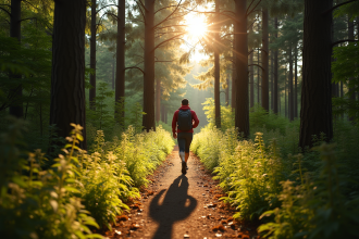 Personne marchant dans la forêt ensoleillée avec arbres