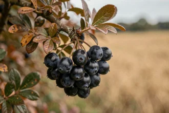 Grappes de prunelles sauvages toxiques sur une branche épineuse en automne