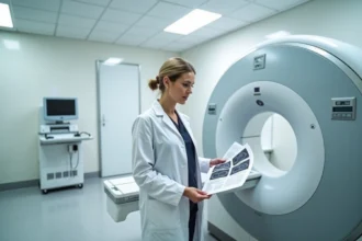 Radiologue féminine debout à côté d'un scanner TEP moderne dans un service d'imagerie médicale hospitalière
