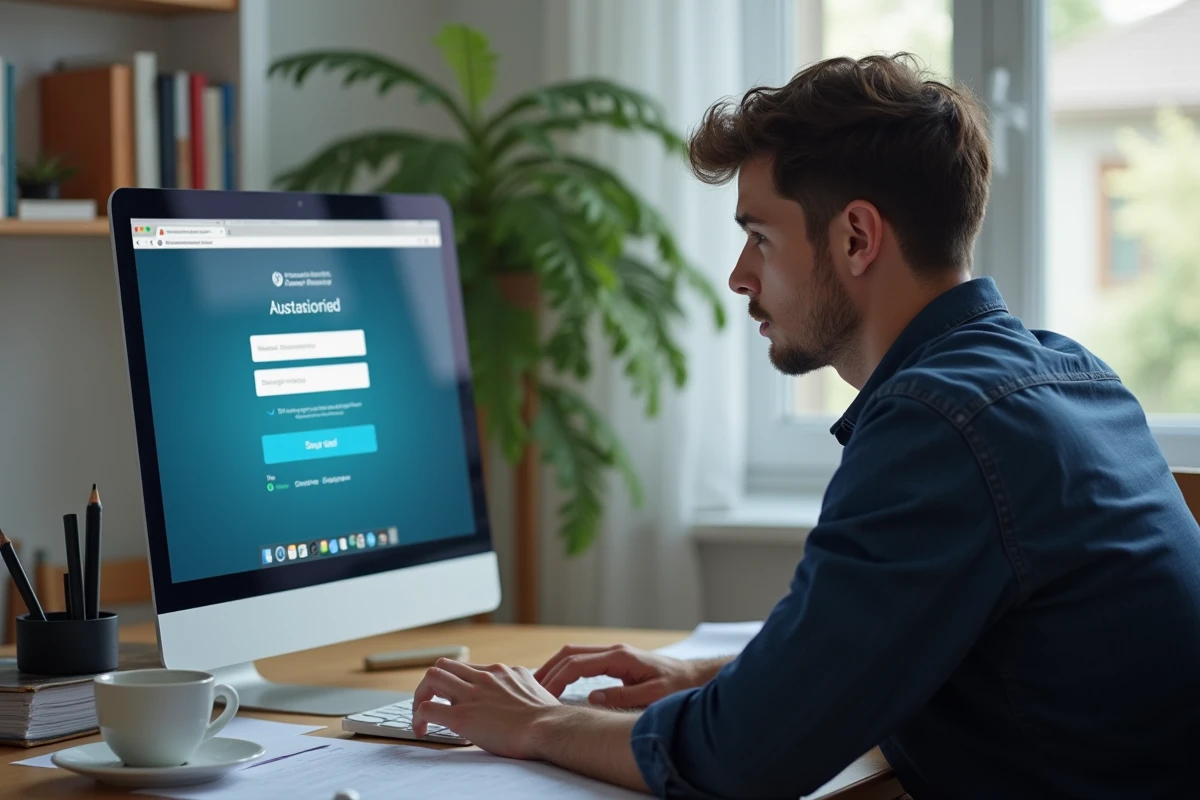 Homme récupérant son mot de passe oublié sur une plateforme universitaire depuis son bureau à domicile