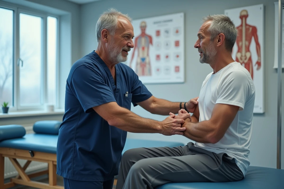 Séance de rééducation lombaire en kinésithérapie pour un patient atteint de discopathie dégénérative