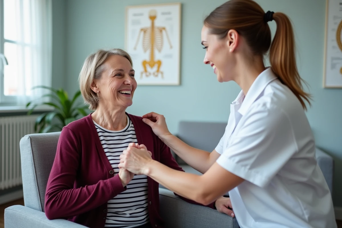 Femme en reeducation physiotherapie avec son therapeute