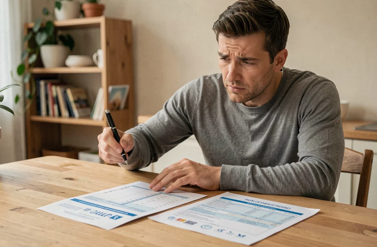 Homme consultant une facture dentaire et un document de remboursement sécurité sociale pour une dévitalisation