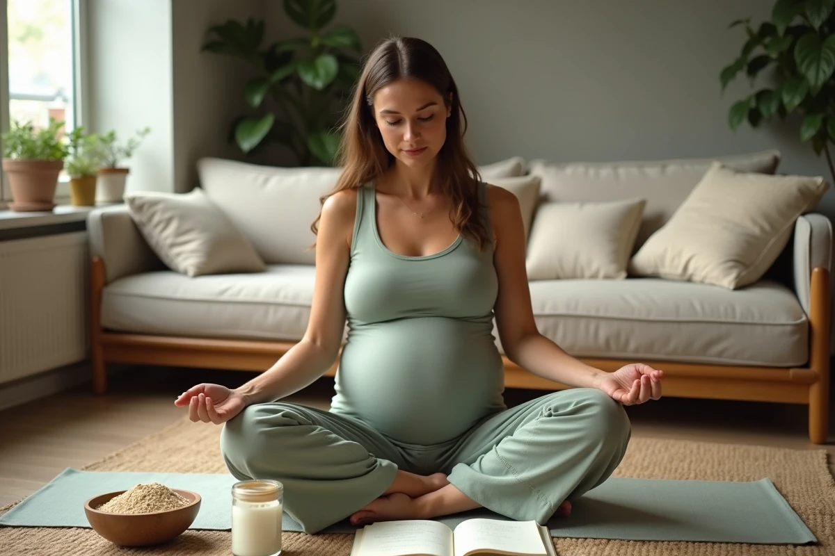 Femme enceinte consultant des remèdes naturels de grand-mère pour soulager les démangeaisons intimes à domicile