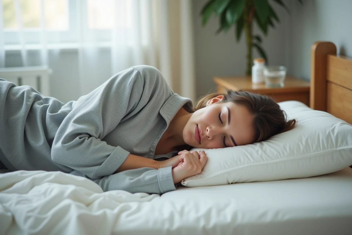 Femme allongée sur le côté dans son lit avec un coussin entre les genoux pour soulager la douleur d'un coccyx fracturé