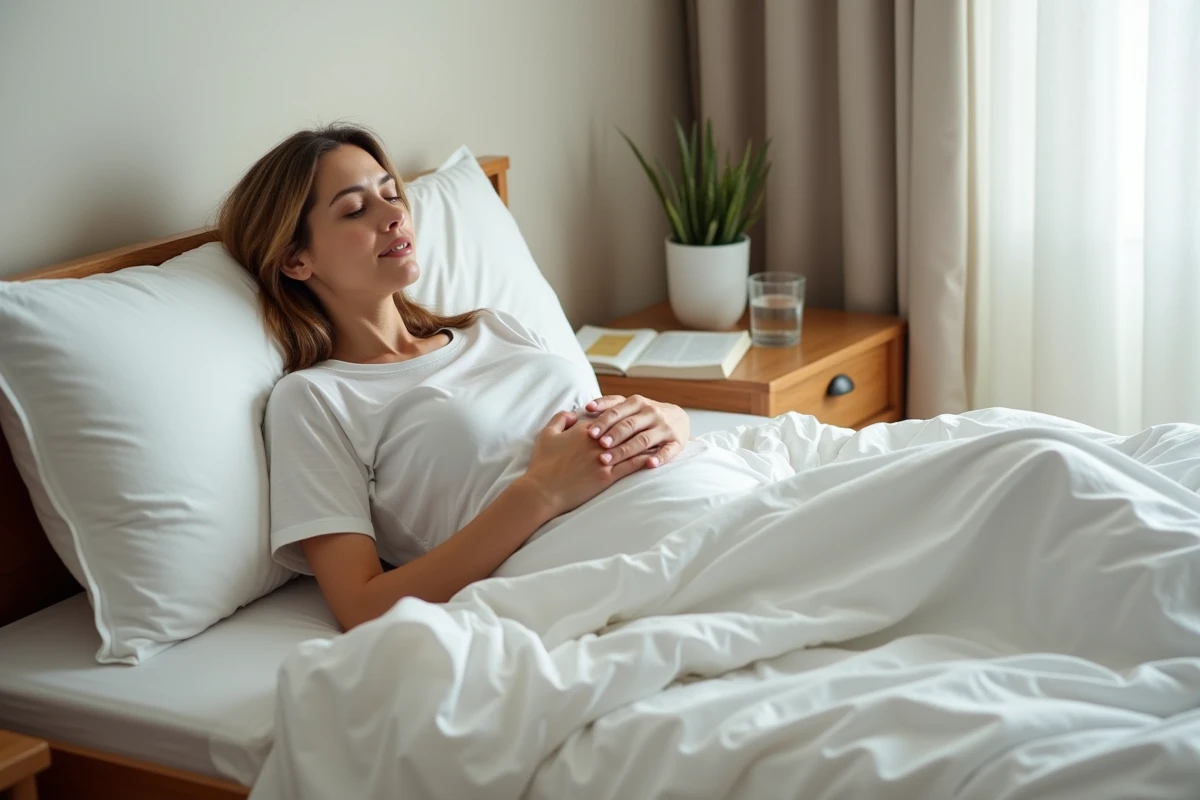 Femme au repos dans son lit avec une bouillotte sur le ventre pendant sa convalescence après une ablation de la trompe