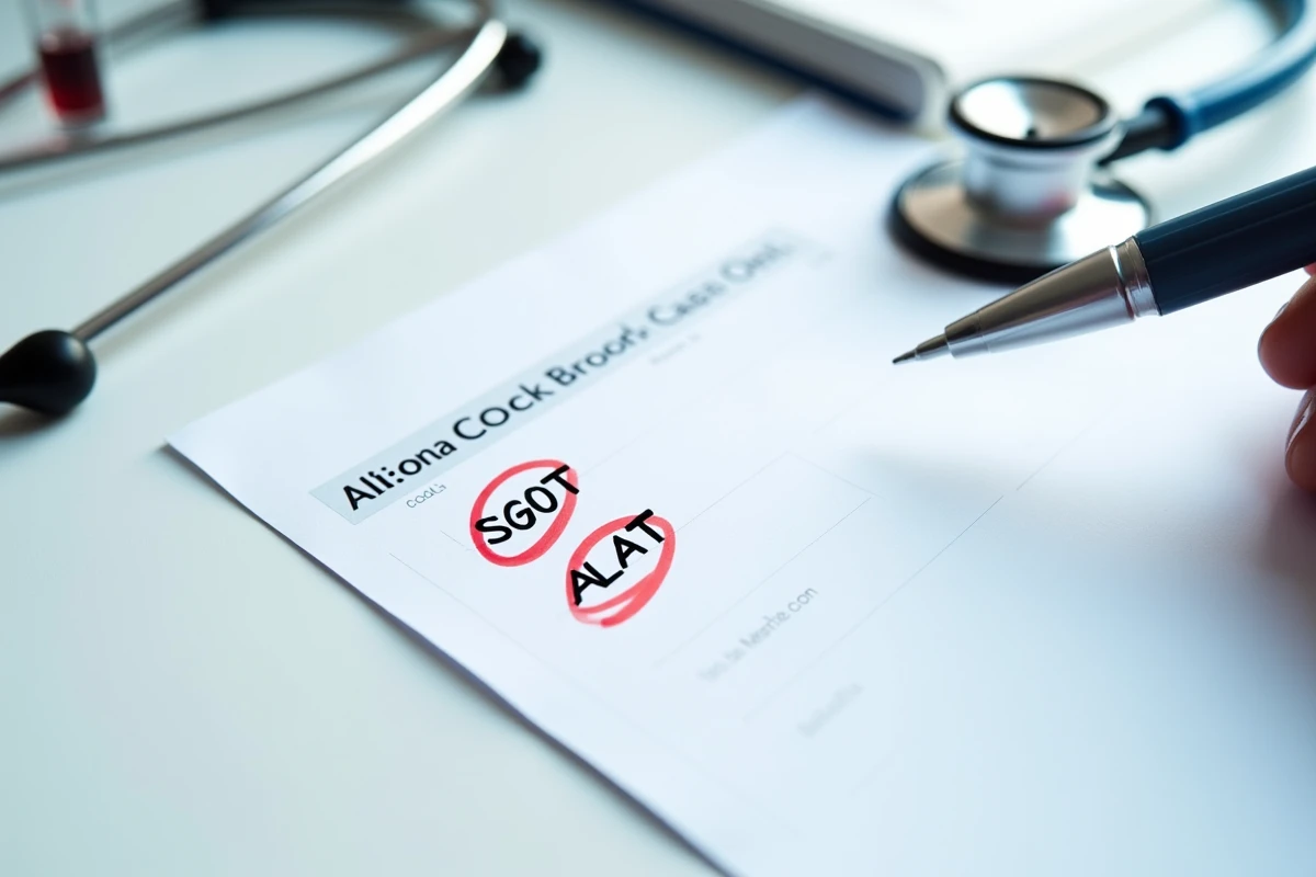 Résultats d'analyse sanguine montrant un taux de transaminases SGOT élevé cerclé en rouge sur une feuille médicale