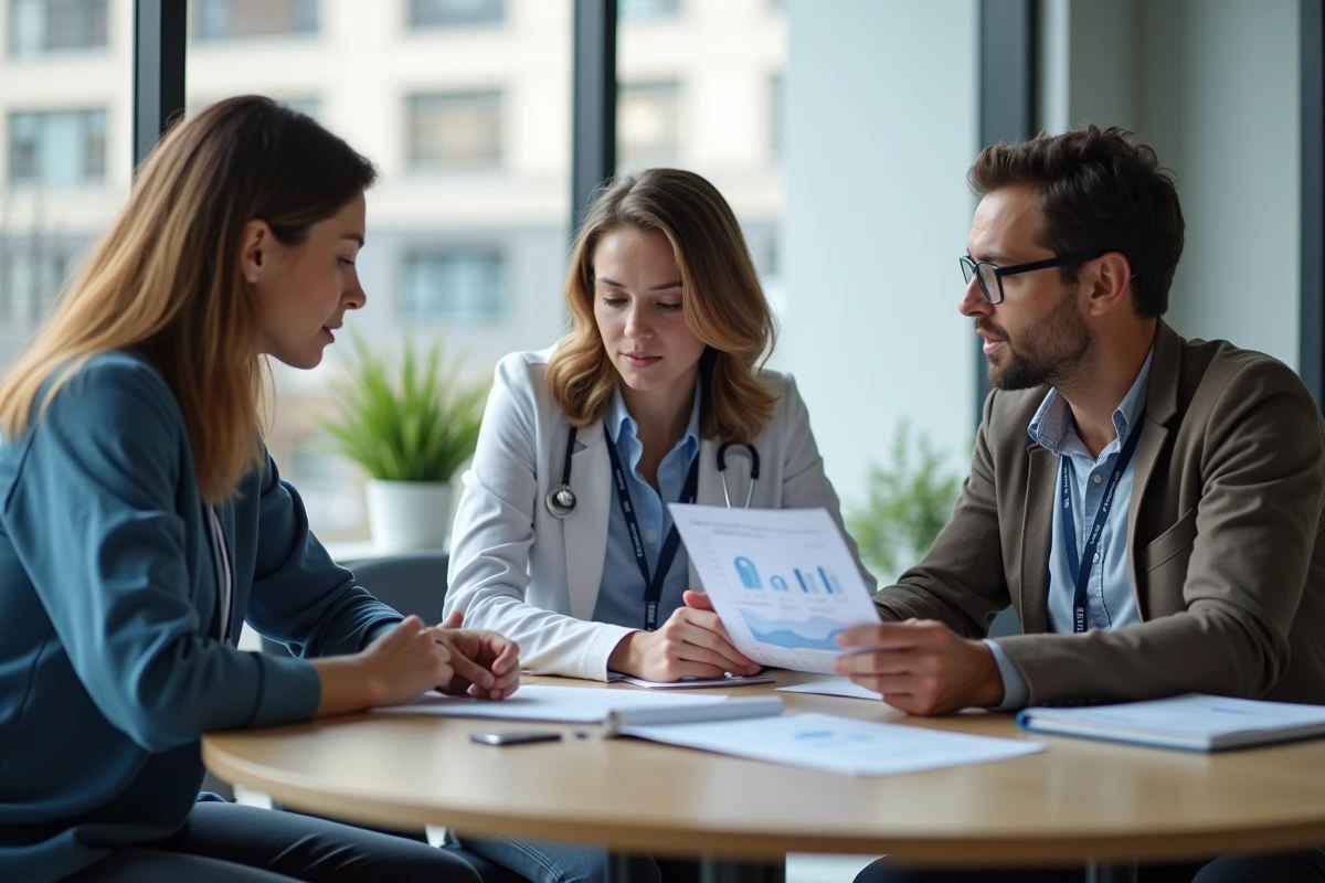 Professionnels de santé en réunion collaborative autour d'un réseau médical professionnel dans un espace de co-working moderne