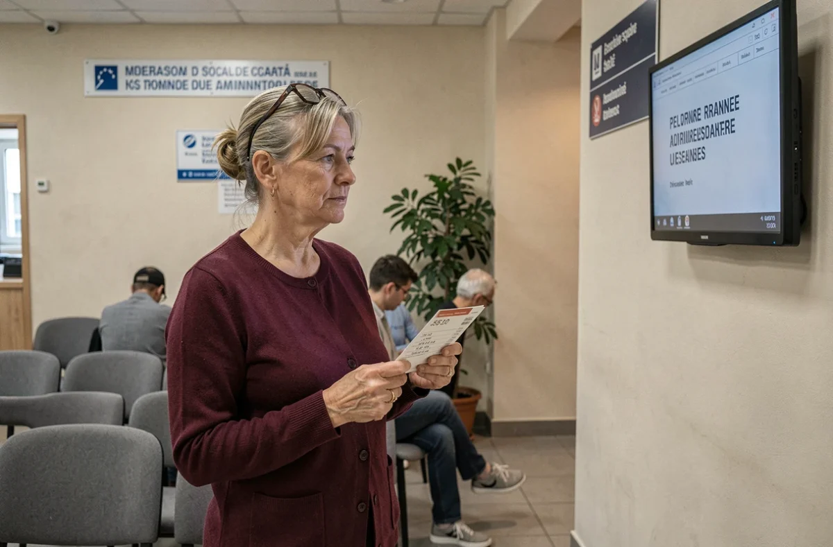 Femme assurée dans la salle d'attente d'un organisme de Sécurité sociale avant un rendez-vous médical