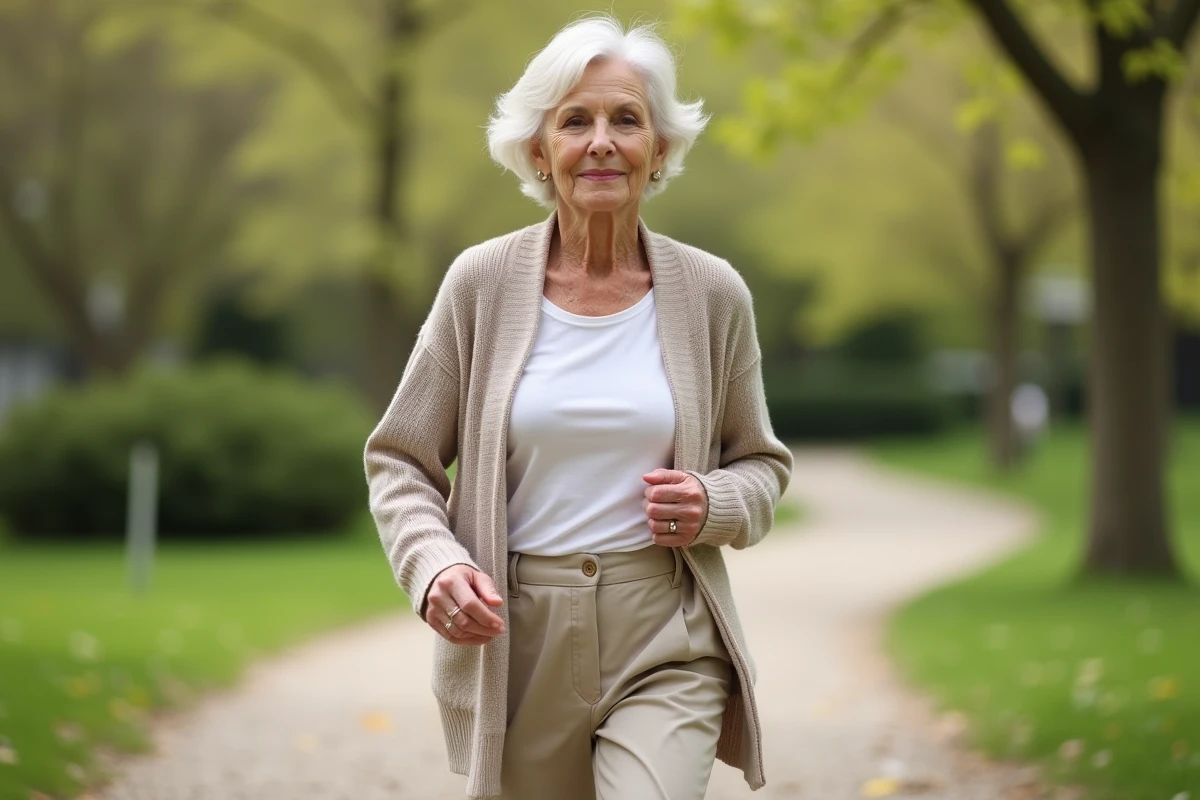Femme senior active marchant dans un parc verdoyant