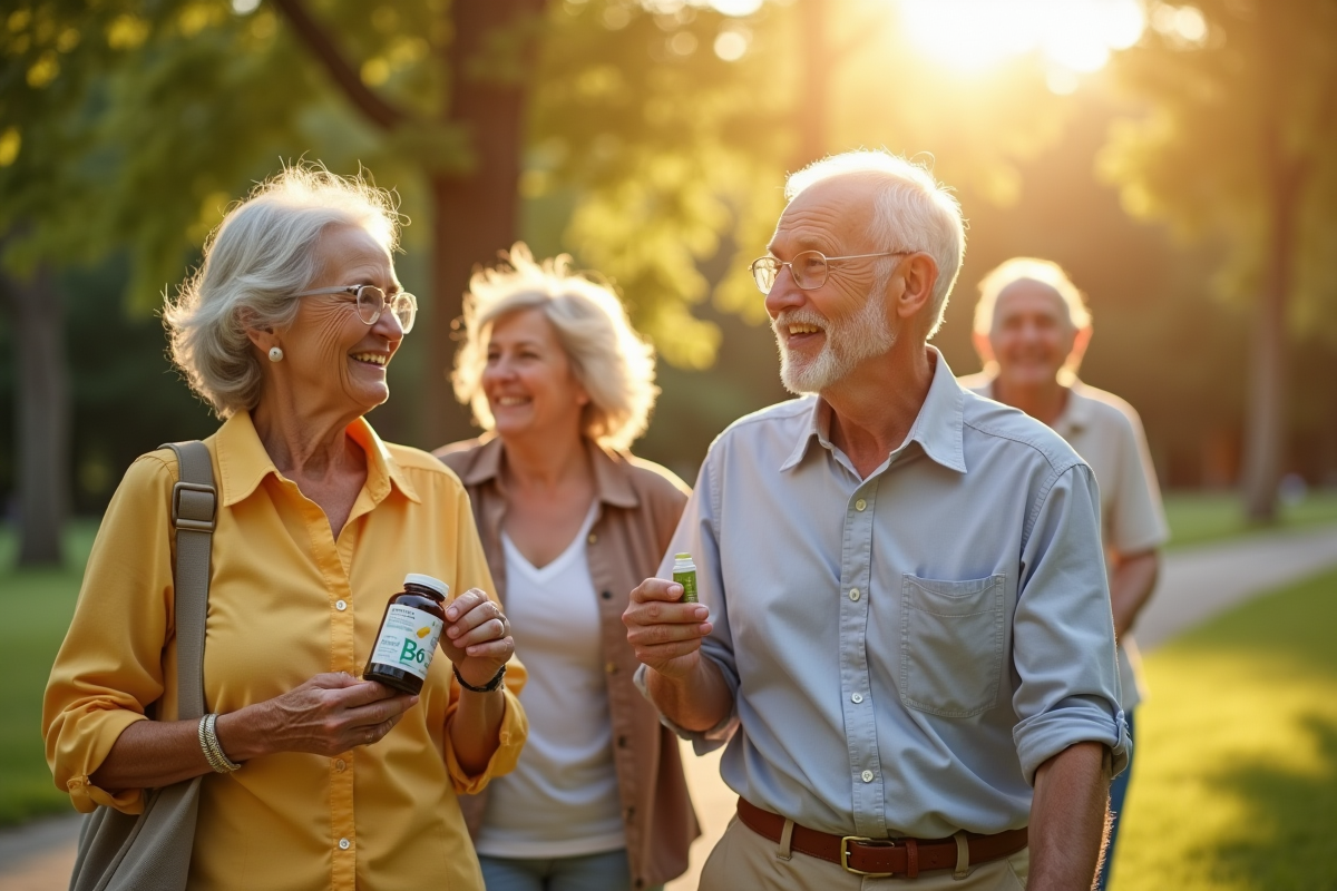 Groupe de seniors marchant dans un parc ensoleille