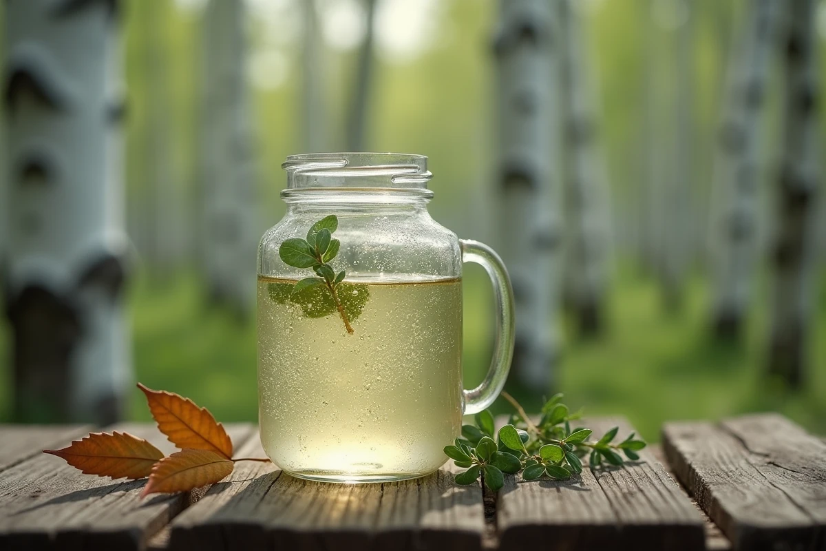 Bocal de sève de bouleau fraîche posé sur une table en bois dans une forêt de bouleaux