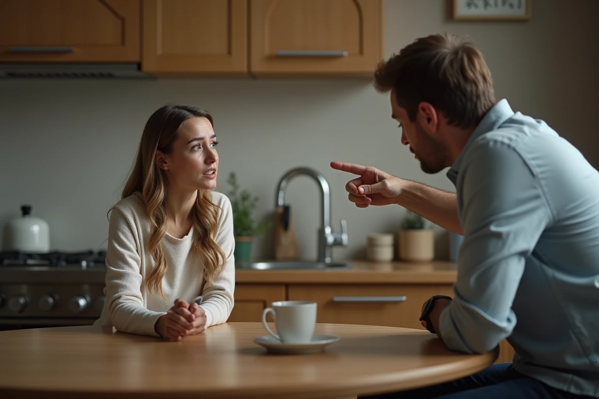 Homme faisant pression sur sa partenaire en larmes en lui disant qu'elle ferait des efforts si elle l'aimait vraiment