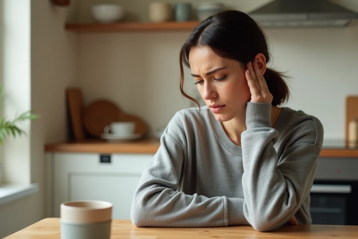 Femme tenant son oreille gauche avec une expression préoccupée, illustrant un sifflement dans l'oreille gauche
