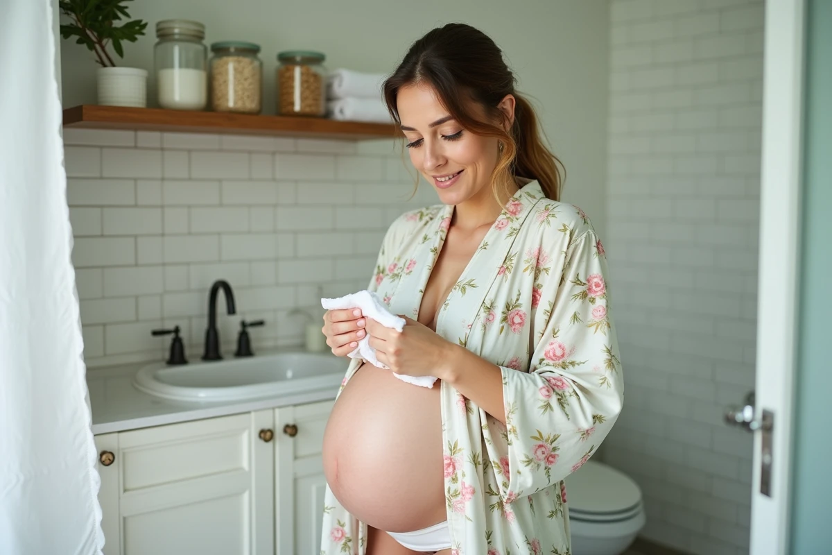 Femme enceinte appliquant un remède naturel de grand-mère contre les démangeaisons intimes dans la salle de bain