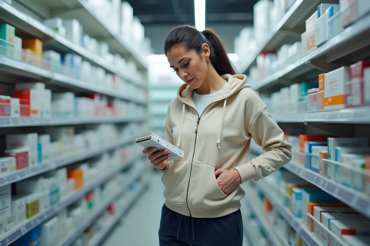 Femme en pharmacie cherchant un médicament antidouleur pour soulager une côte fêlée, tenant une boîte de traitement