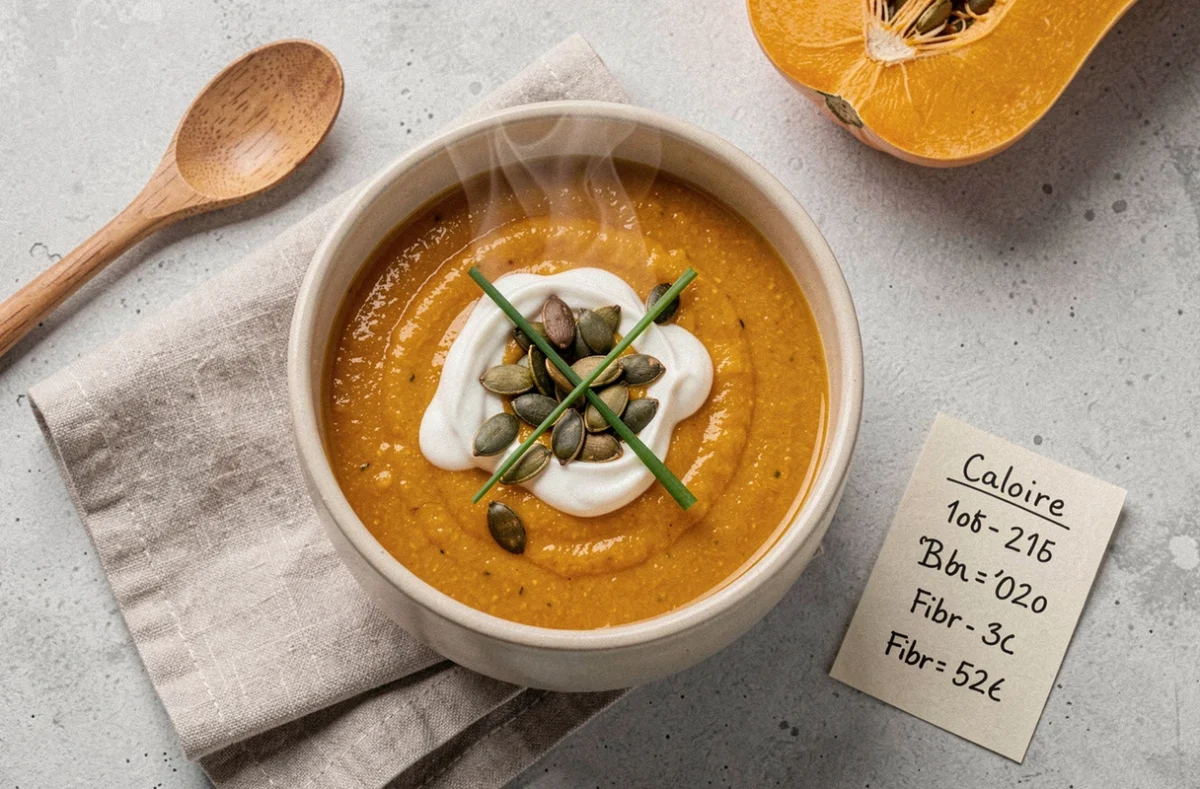 Bol de soupe de butternut fumante avec graines et yaourt vue de dessus accompagné d'une note sur les calories et les fibres pour un ventre plat