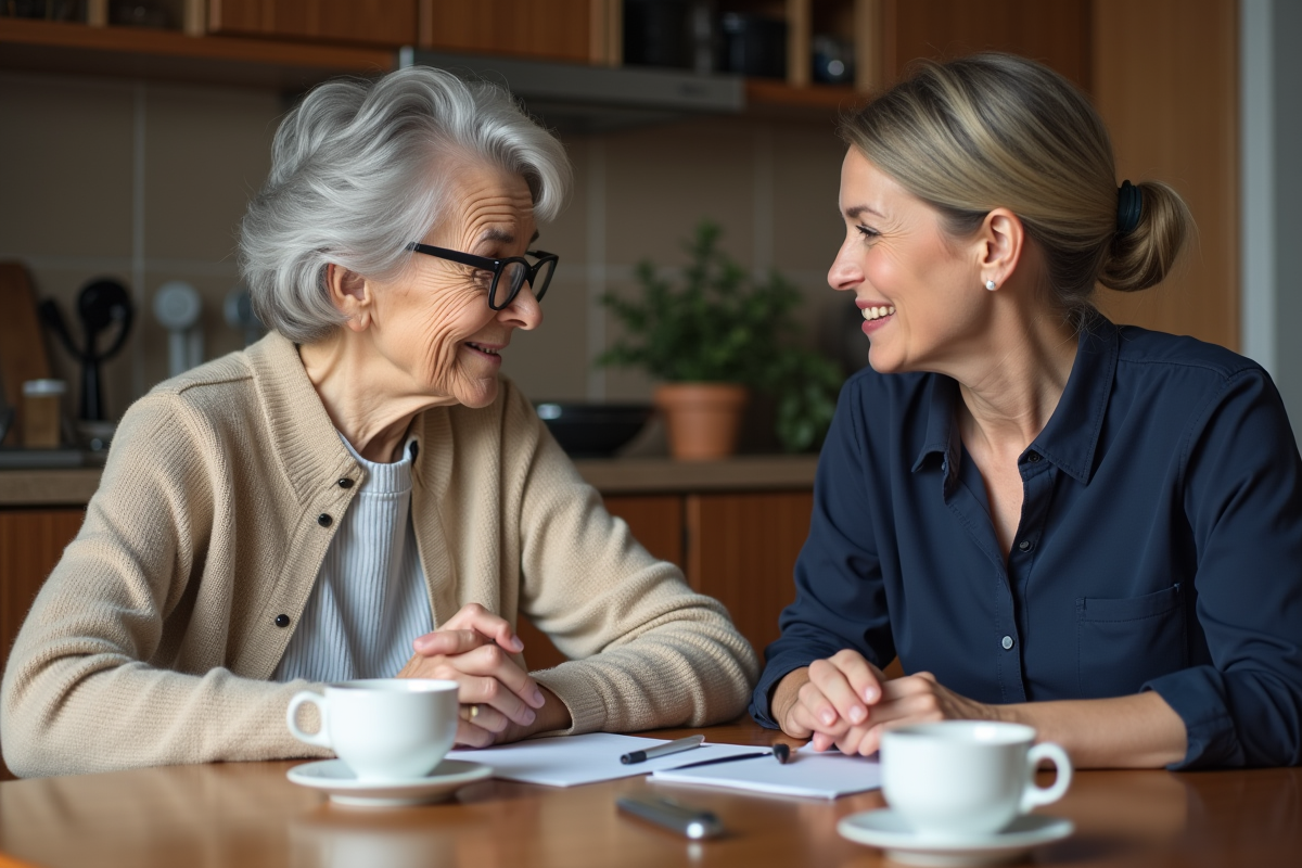 Femme âgée parlant avec une aidante dans une cuisine chaleureuse