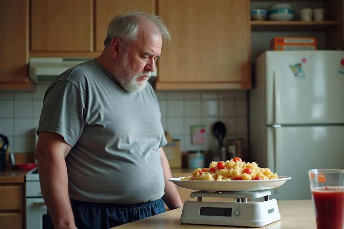 Homme en surpoids dans une cuisine face à une alimentation déséquilibrée et risques hépatiques