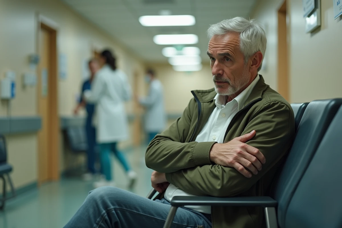 Homme en salle d'attente des urgences tenant son bras, consultation médicale pour symptômes d'AVC et fourmillements