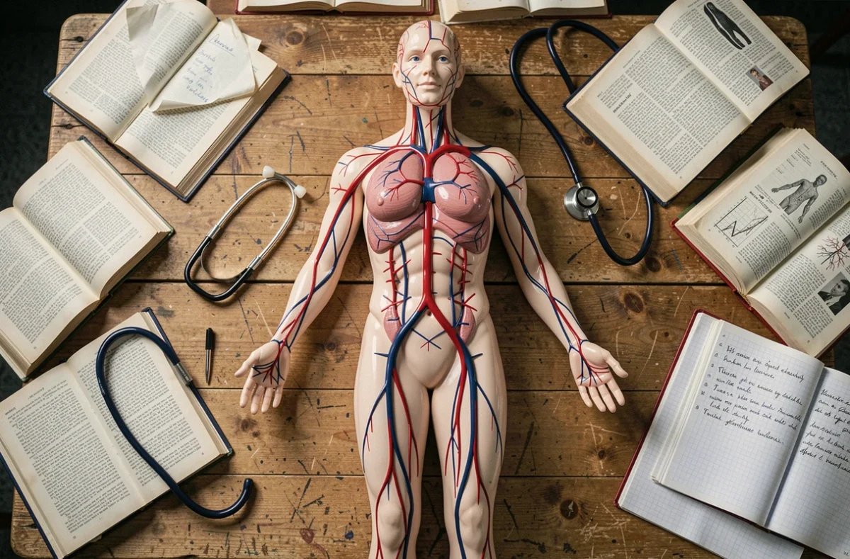 Modèle anatomique du système circulatoire humain entouré de livres médicaux et de notes de cours