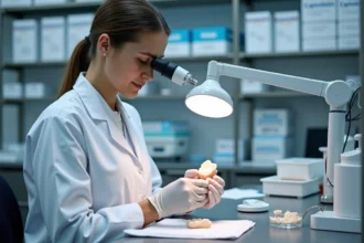 Technicienne de laboratoire dentaire inspectant une prothèse avec du matériel Capdentaire sur un plan de travail en acier inoxydable