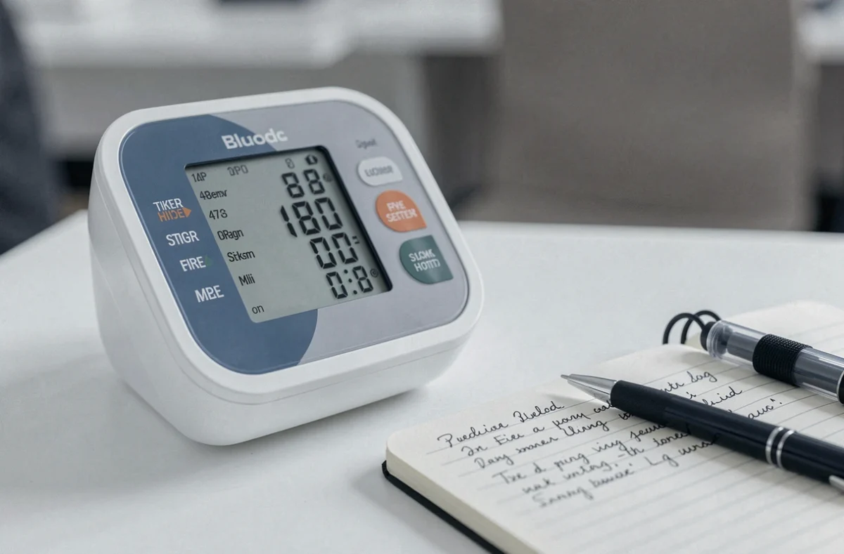 Tensiomètre numérique affichant des valeurs de tension avec un carnet de suivi médical pour patient cardiaque