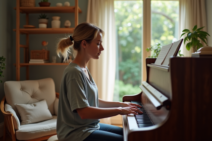 Femme musicothérapeute guide un jeune homme au piano