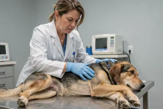 Vétérinaire examinant l'abdomen d'un chien sur une table de consultation pour détecter une tumeur de la rate