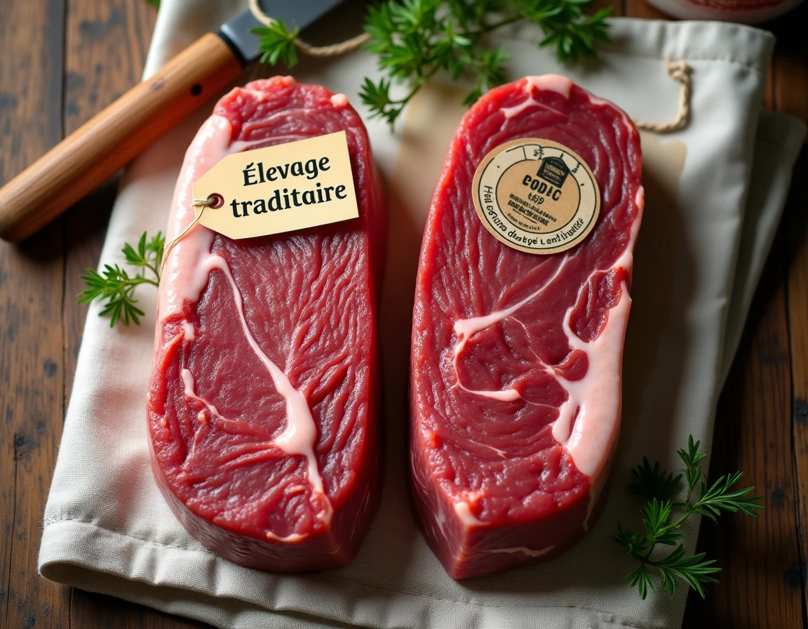 Comparaison côte à côte de deux morceaux de viande rouge maigre avec labels élevage traditionnel et label rouge sur fond de lin rustique