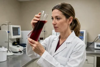 Professionnelle de santé tenant un cylindre en verre contenant du sang humain dans un laboratoire médical moderne