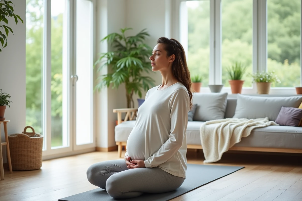 Femme enceinte pratiquant le yoga prénatal dans un salon lumineux avec vue sur le jardin, posture douce et sereine en fin de grossesse